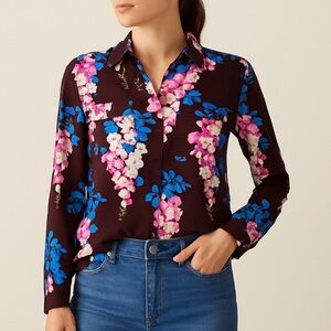 Ann Taylor Floral Button Down Blouse XS – Burgundy Pink Blue Long Sleeve Top